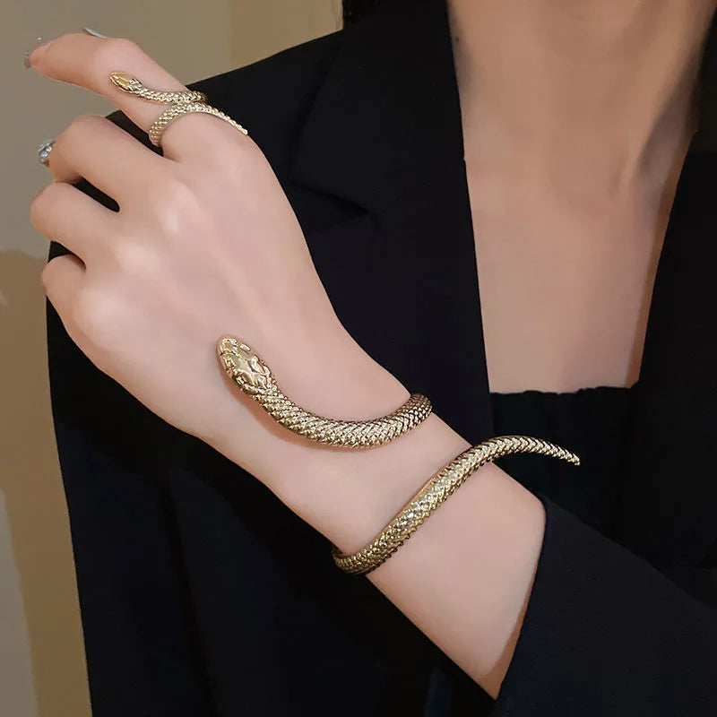 Two-piece exaggerated twisted winding simulated snakes ring and bracelet set with electroplated gold finish