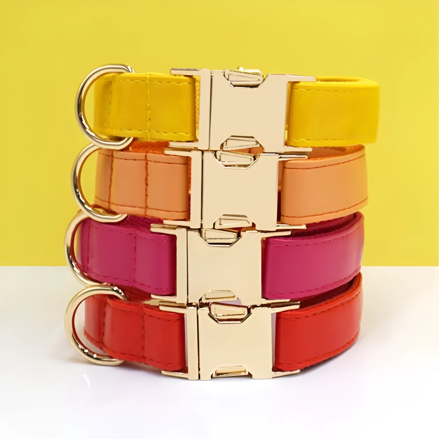 Simple colour block leather dog collar shown on a D-ring, available in multiple colours and sizes from XS to XL.