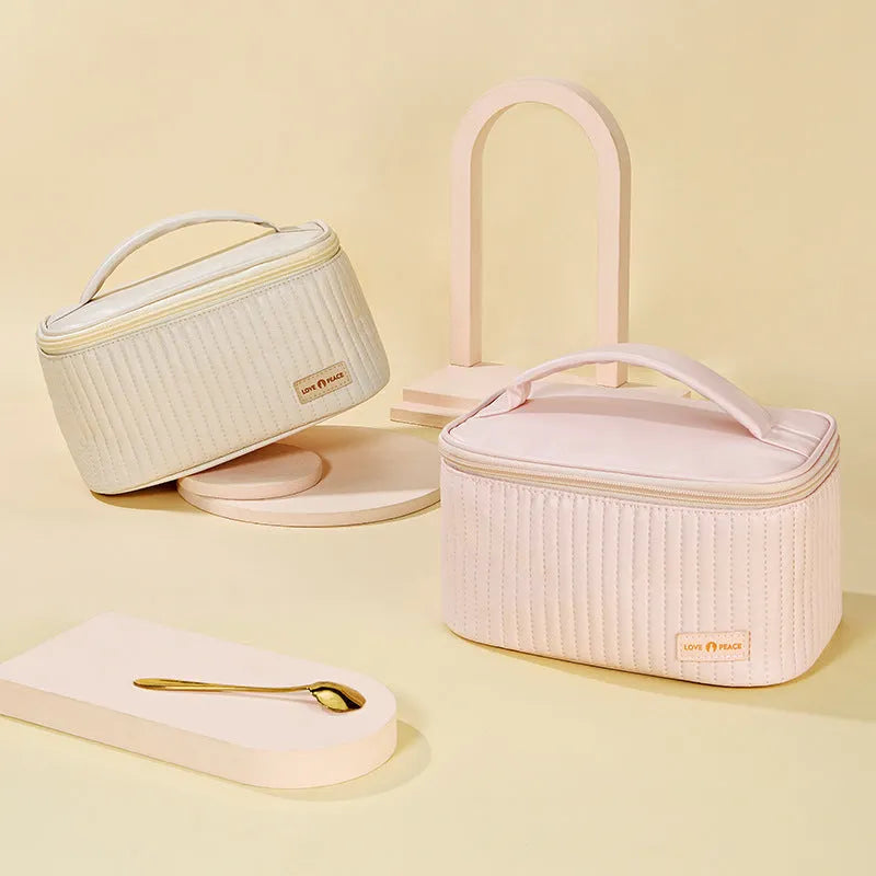 Open-top makeup bag in PU leather showing rectangular shape and solid colour options
