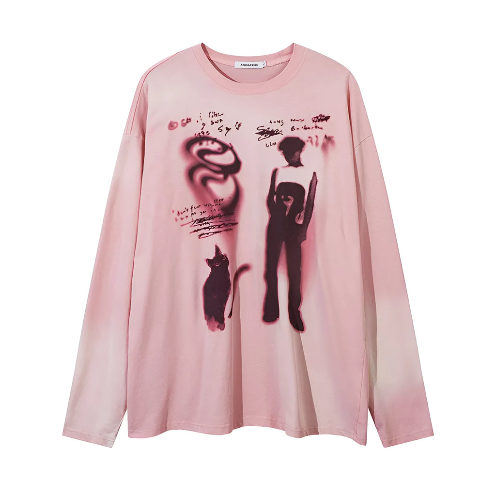 Women's loose cotton pullover top with drop-shoulder sleeves in dark grey or pink with letter print