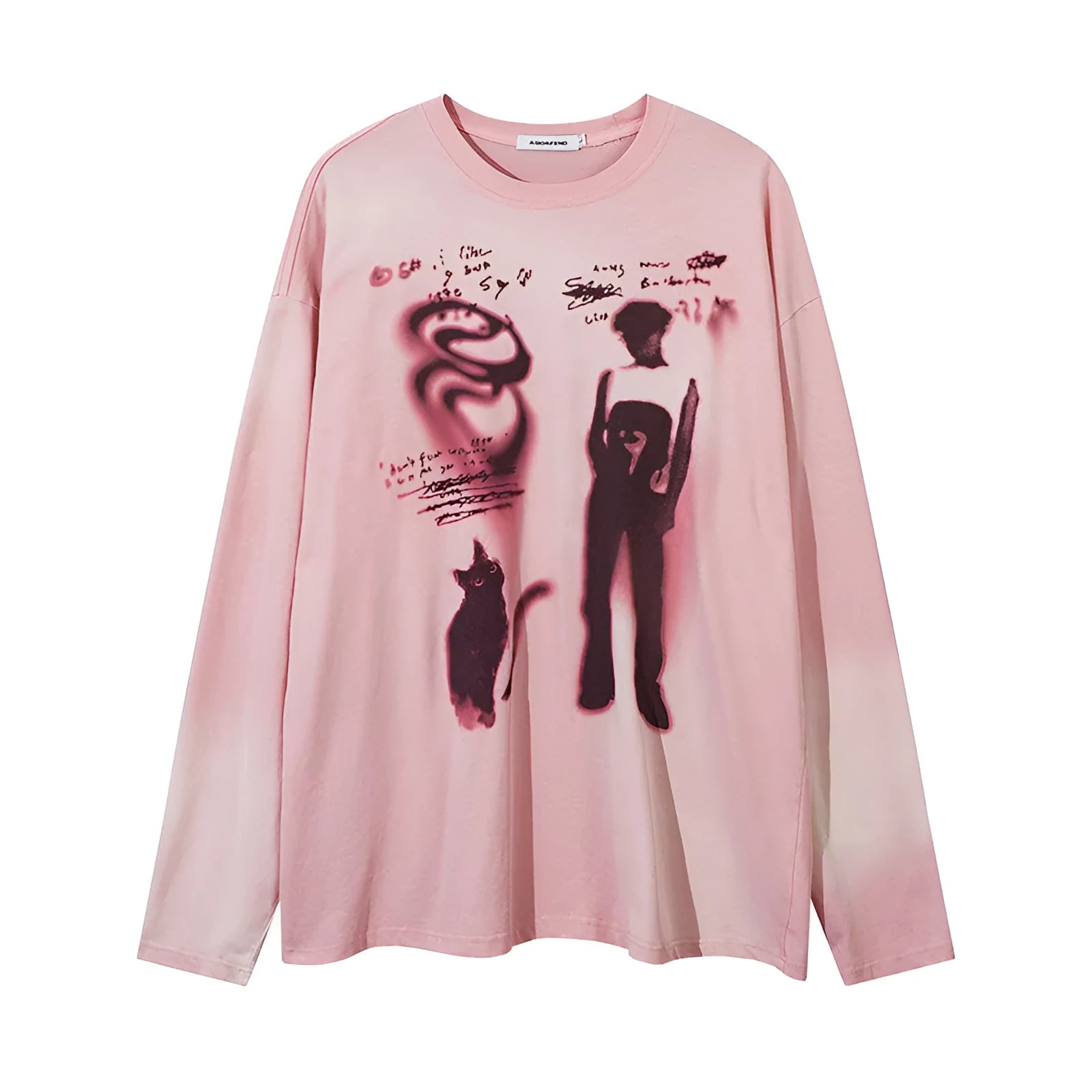Women's loose cotton pullover top with drop-shoulder sleeves in dark grey or pink with letter print