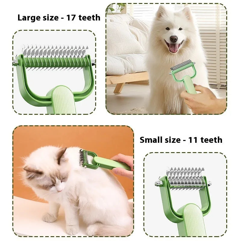 Green and grey dog unknotting comb with stainless steel tines and PP plastic handle