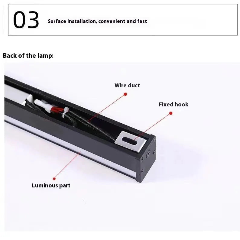 80cm long black aluminium LED strip wall lamp mounted on a wall, showing its simple linear design.