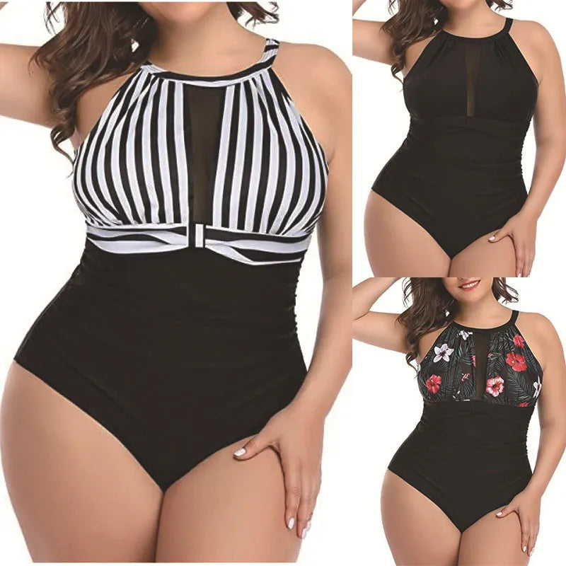 Women's solid colour one-piece swimsuit with lace detail, available in black, stripes, and red flower patterns.