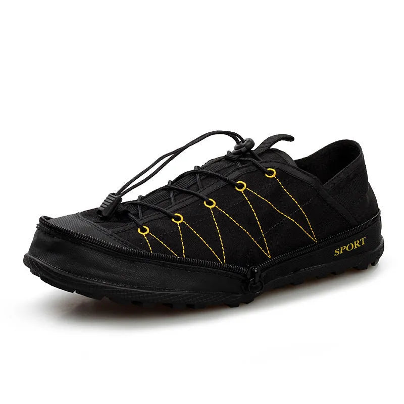 Portable folding outdoor hiking shoes with side zip closure in orange, black, and grey colours