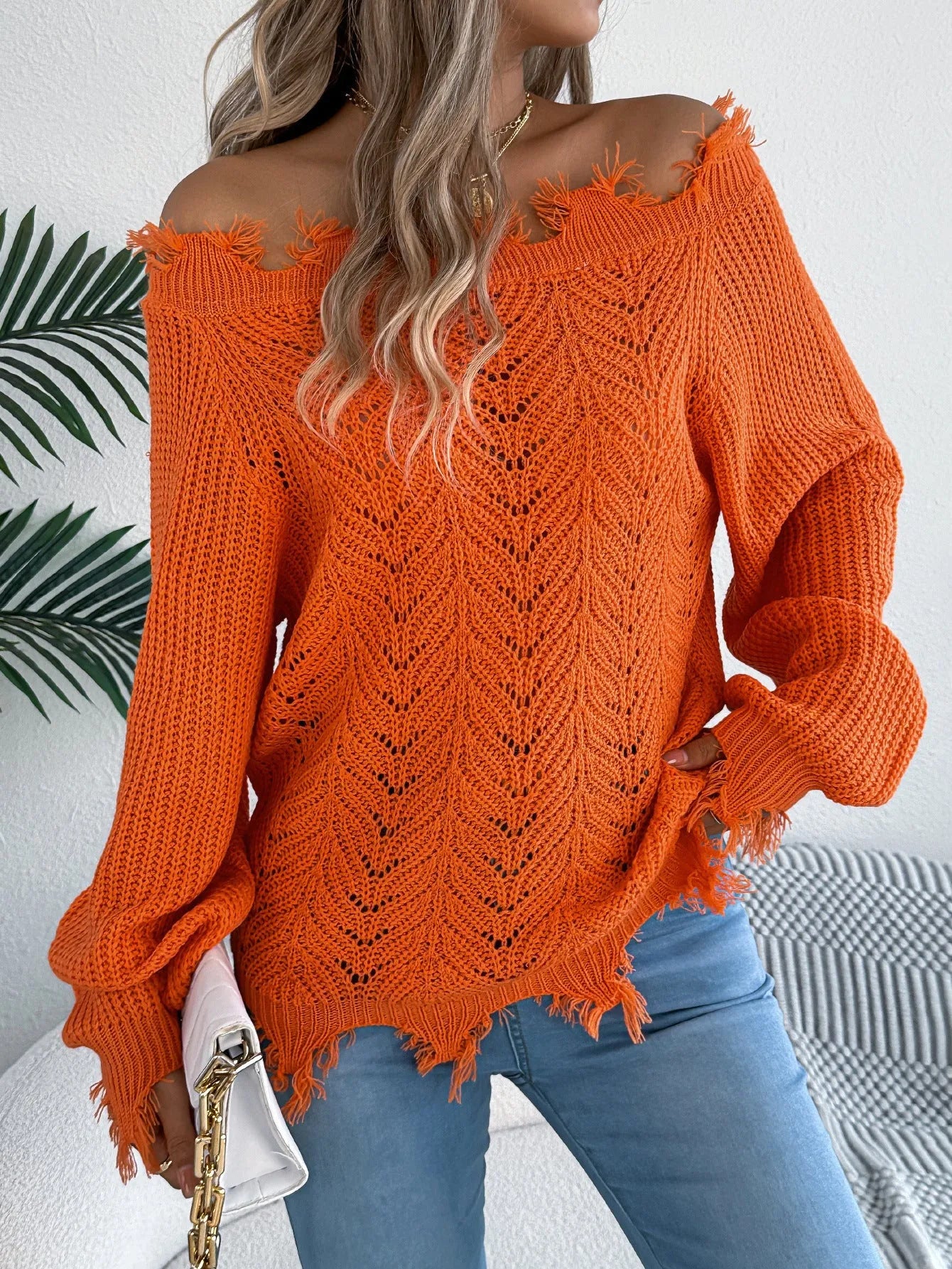 White hollow-out off-the-shoulder acrylic fibre pullover sweater with long sleeves