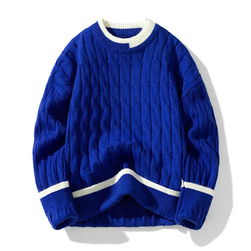 Men's loose grey and blue sports pullover sweater set on a hanger