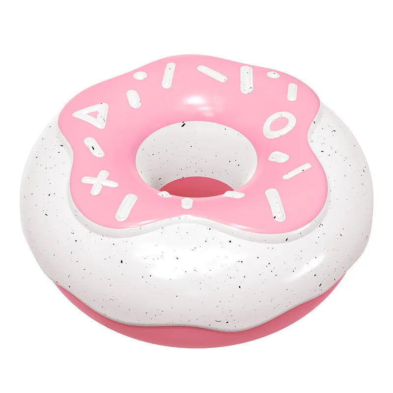 TPR donut dog chew toy with squeaker in pink, yellow and chocolate colours