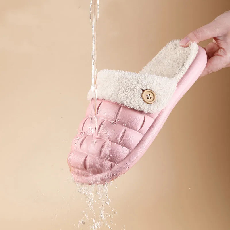 Women's detachable plush-lined EVA slippers in pink with non-slip soles for winter indoor wear