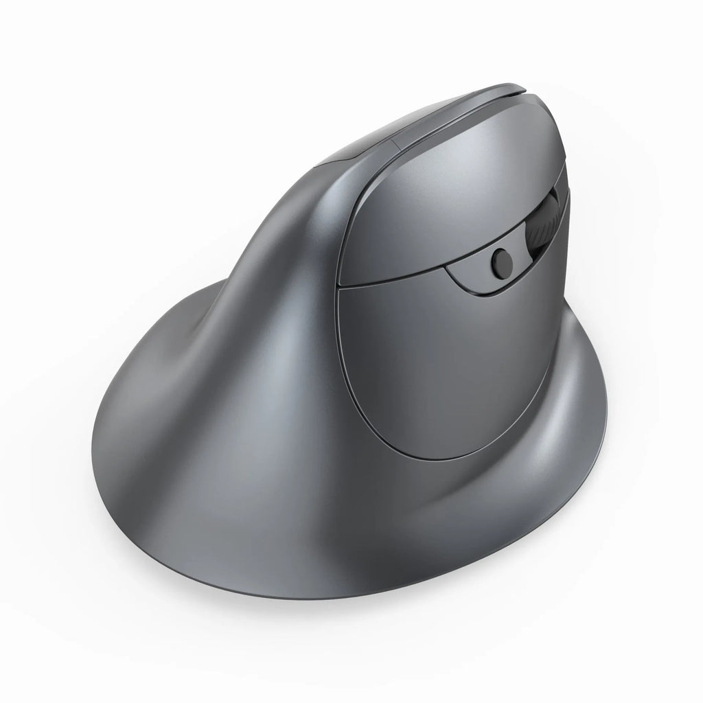 Gray Bluetooth vertical mouse with ergonomic grip and self-charging feature