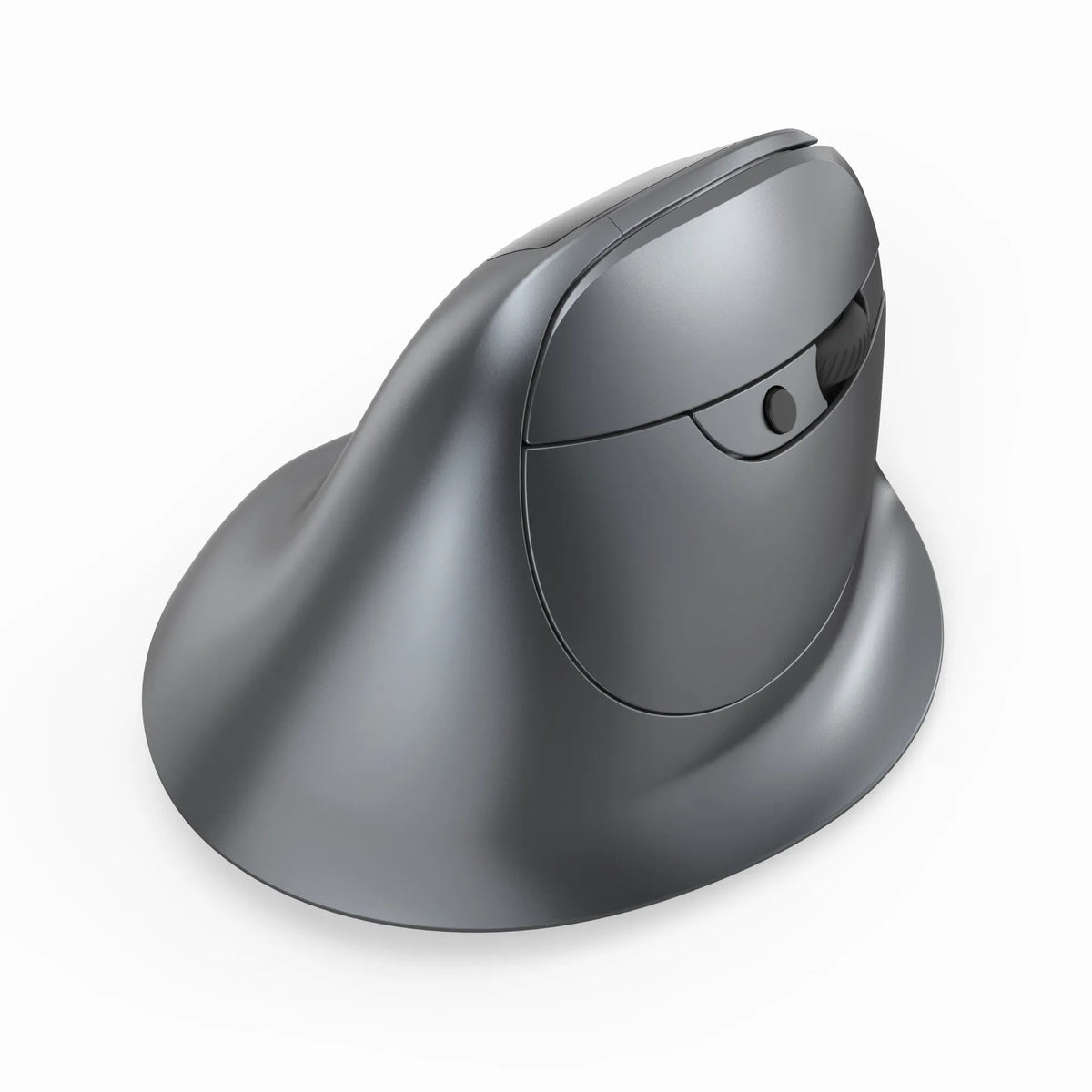 Gray Bluetooth vertical mouse with ergonomic grip and self-charging feature