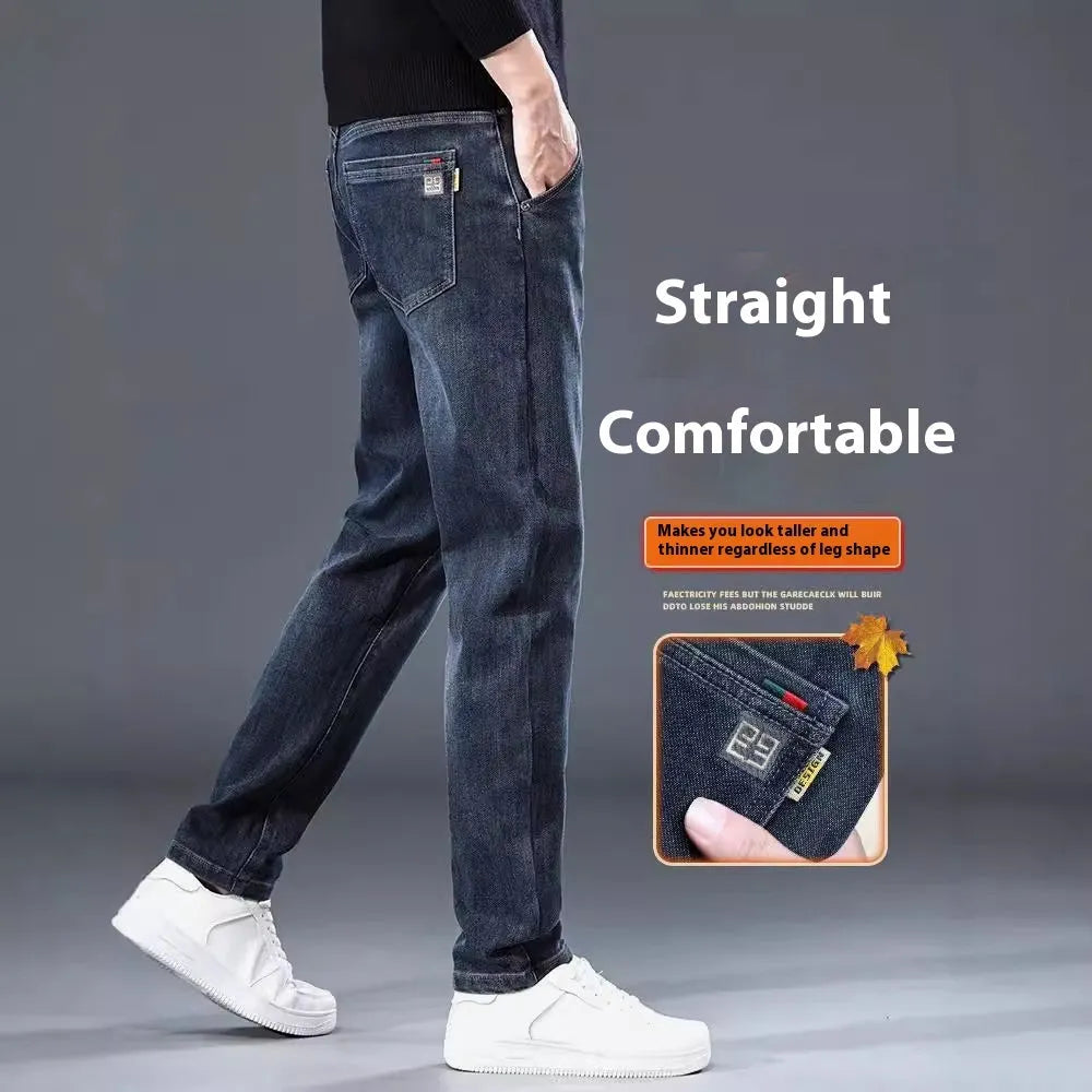 Men's slim straight casual trousers in blue grey or black with micro-elastic waistband and zip fly