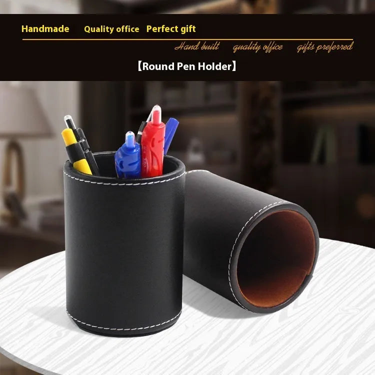 Round black leather pen holder container showing cylindrical shape and compact dimensions