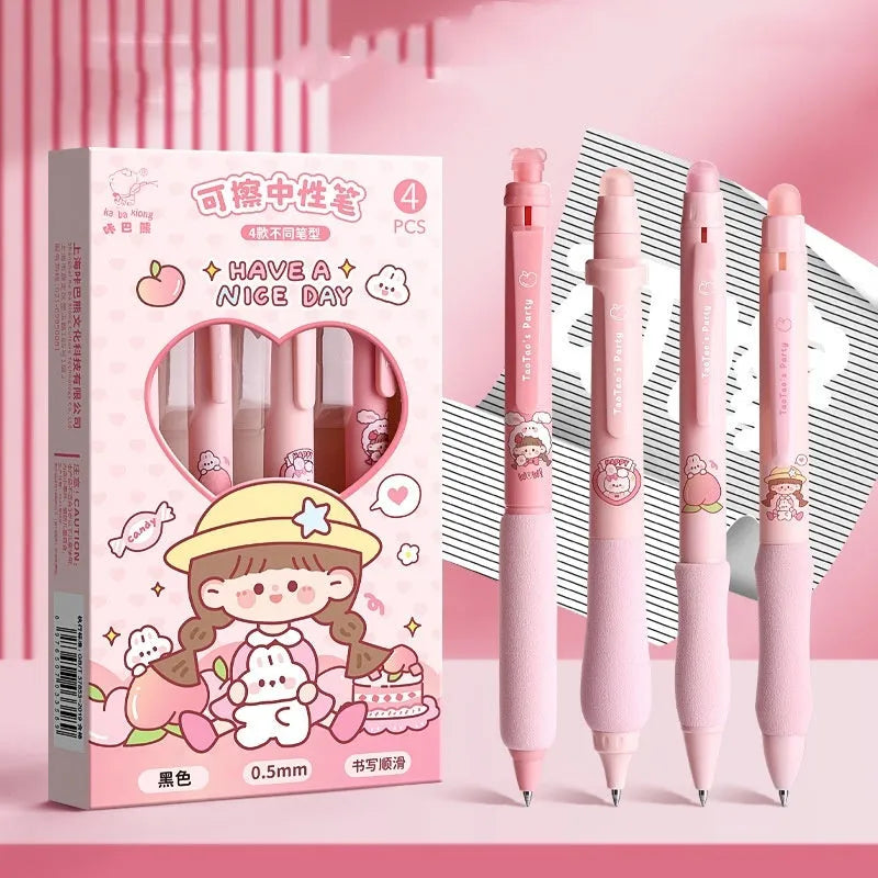 Cartoon-themed erasable gel pen with 0.5mm tip and friction eraser in various designs