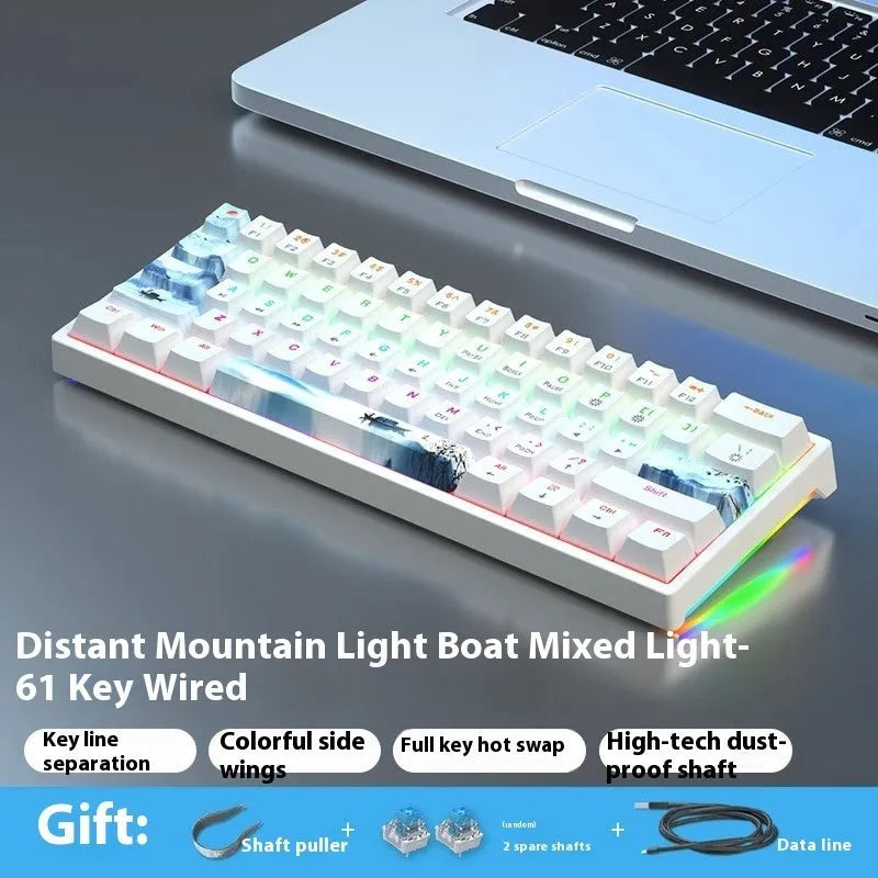 Blue and white 61-key mechanical keyboard with compact layout and hot-swappable switches