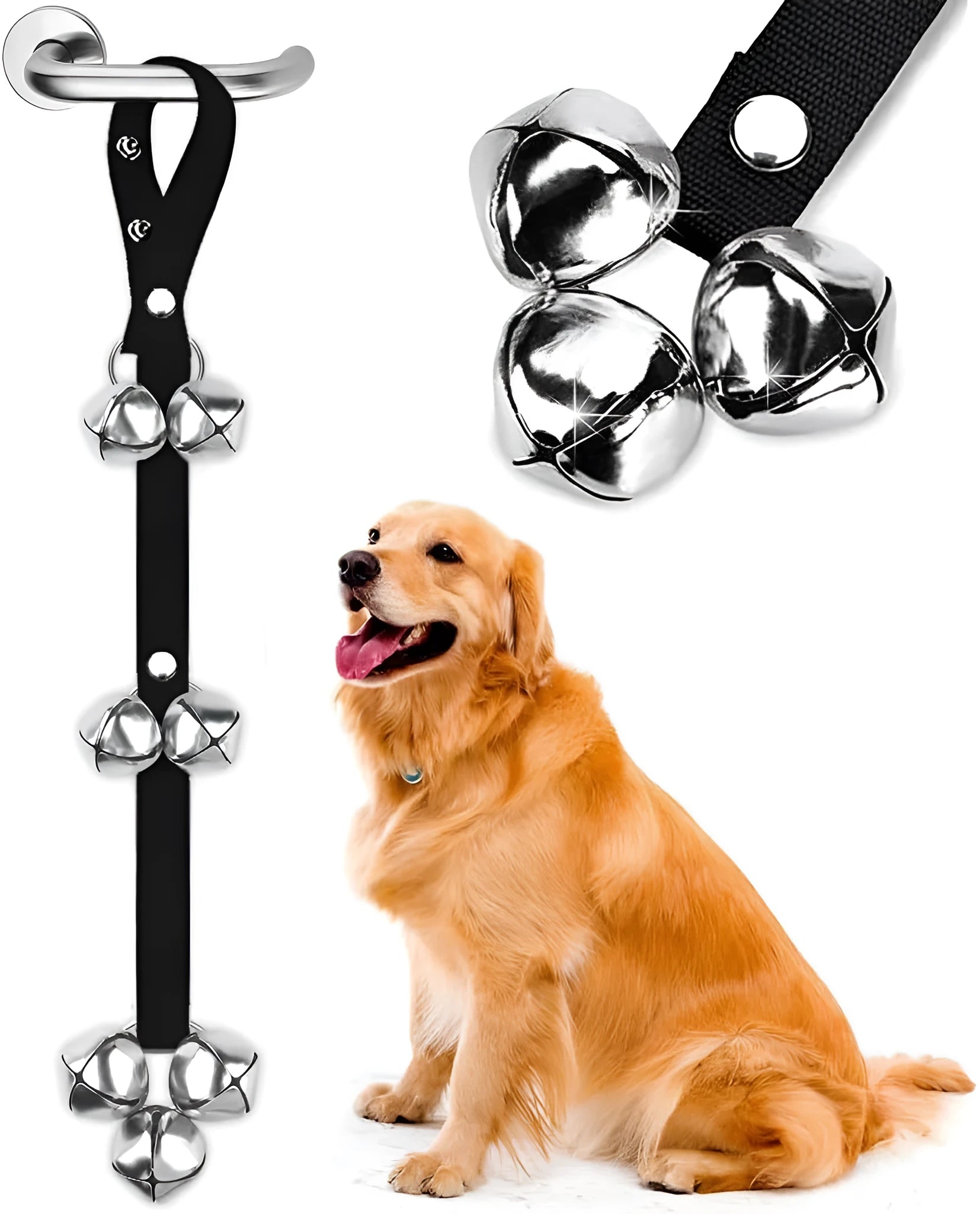 Dog training doorbell with seven silver metal bells on adjustable nylon strap for toilet training