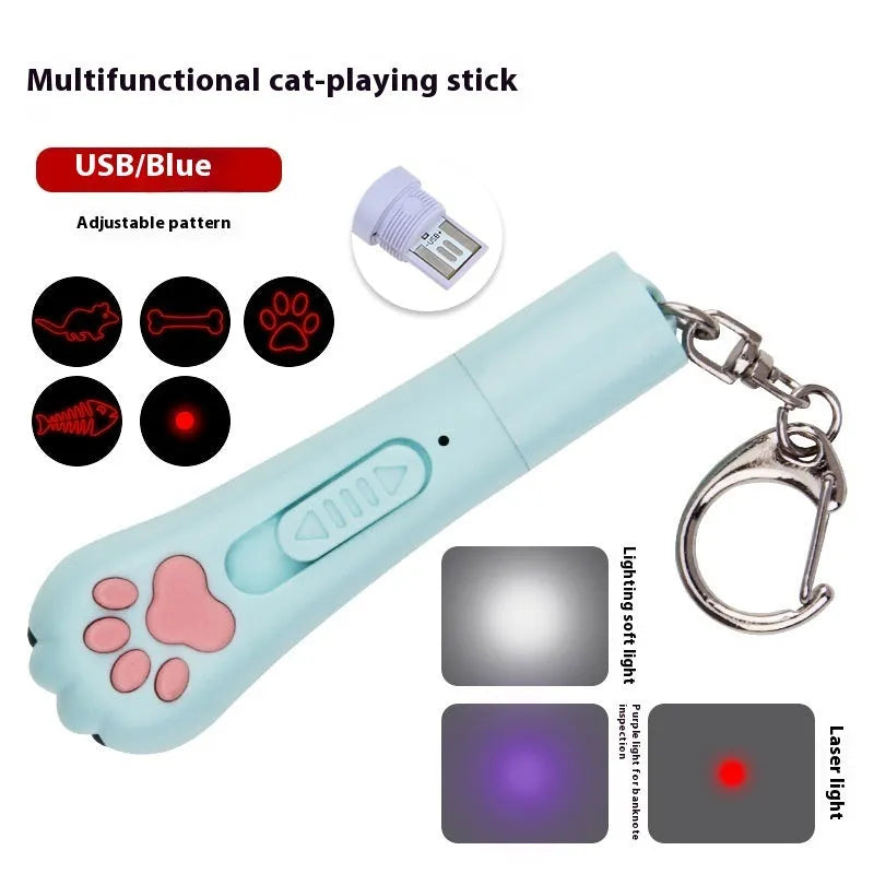 Infrared laser cat teasing stick with miniature paw prints in blue plastic with laser projection