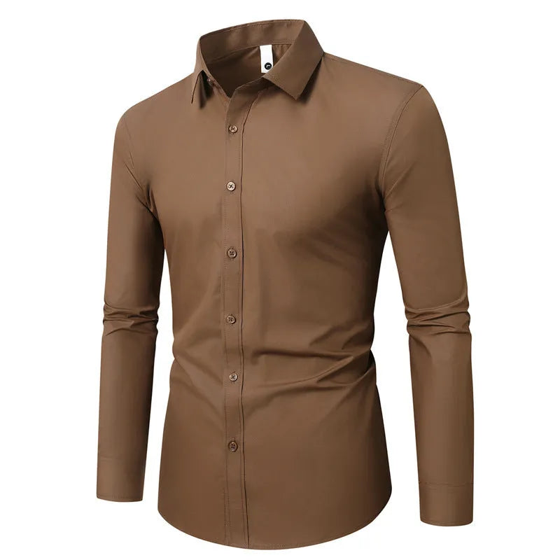 Men's slim fit long-sleeve linen shirt on a hanger, shown in a light grey colour with button front.