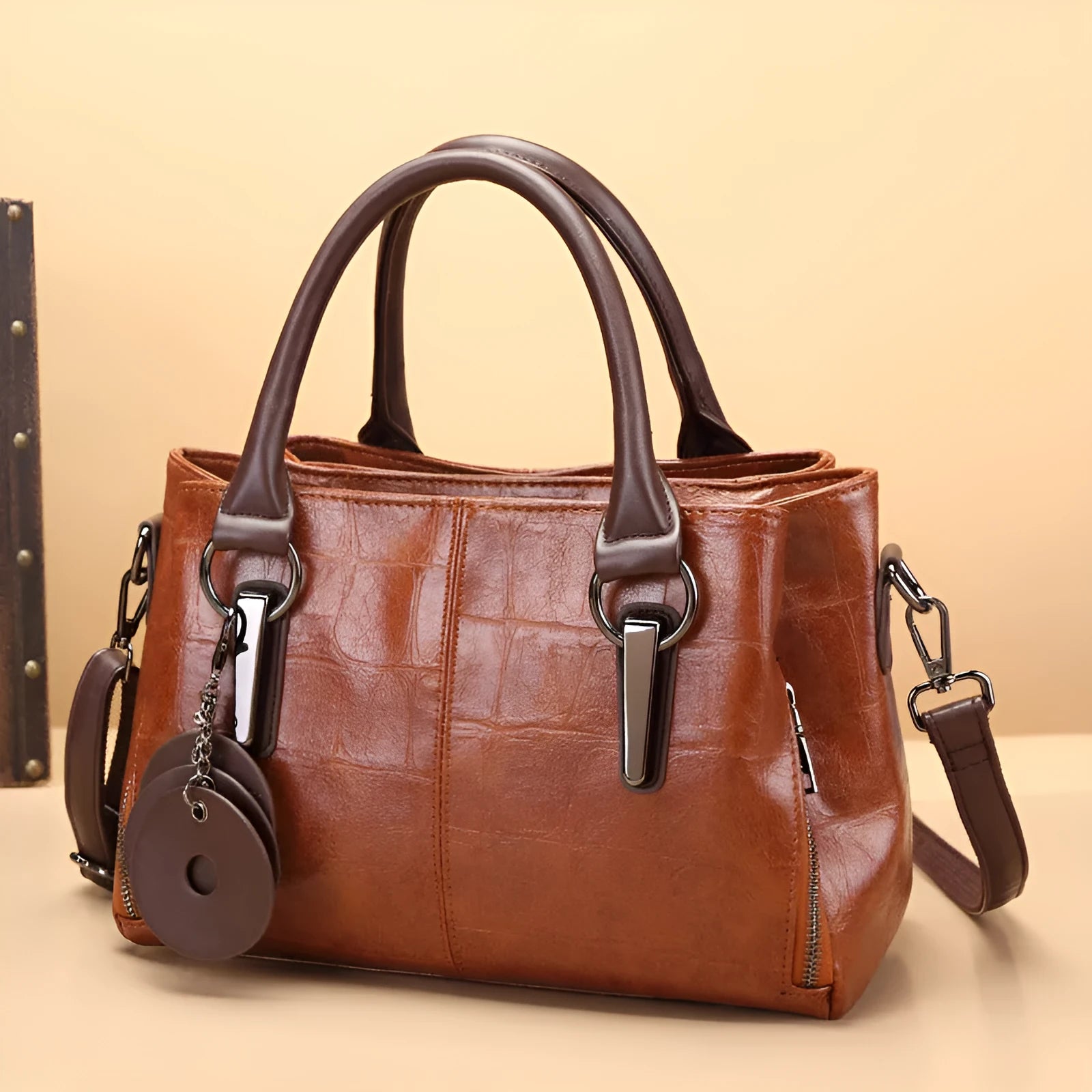 Horizontal square PU shoulder bag with open pocket and contrast stitching in black or brown colour options