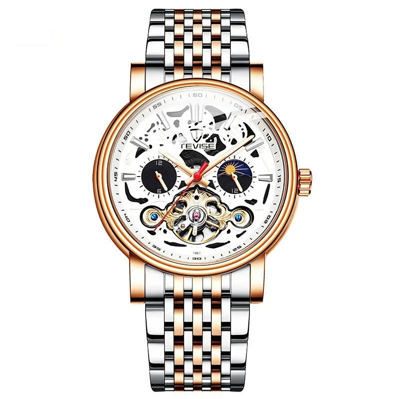 Men's black tourbillon mechanical watch with luminous hands on a leather strap, showing 16.5mm thickness.