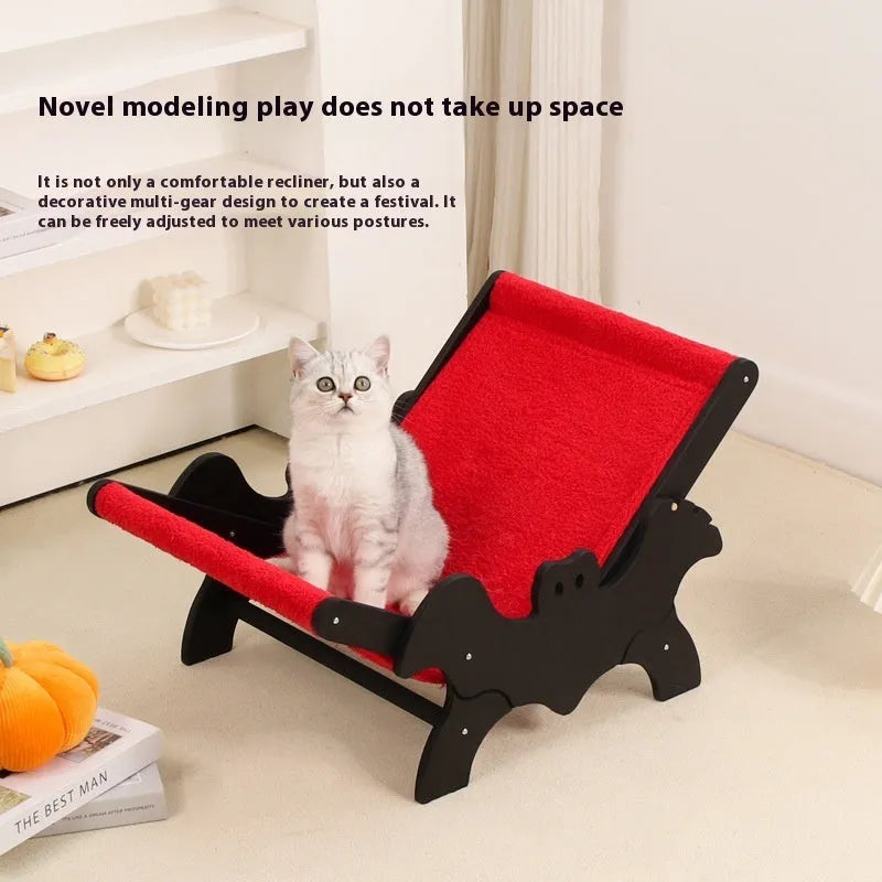Black and red Halloween themed wooden cat recliner bed on elevated platform