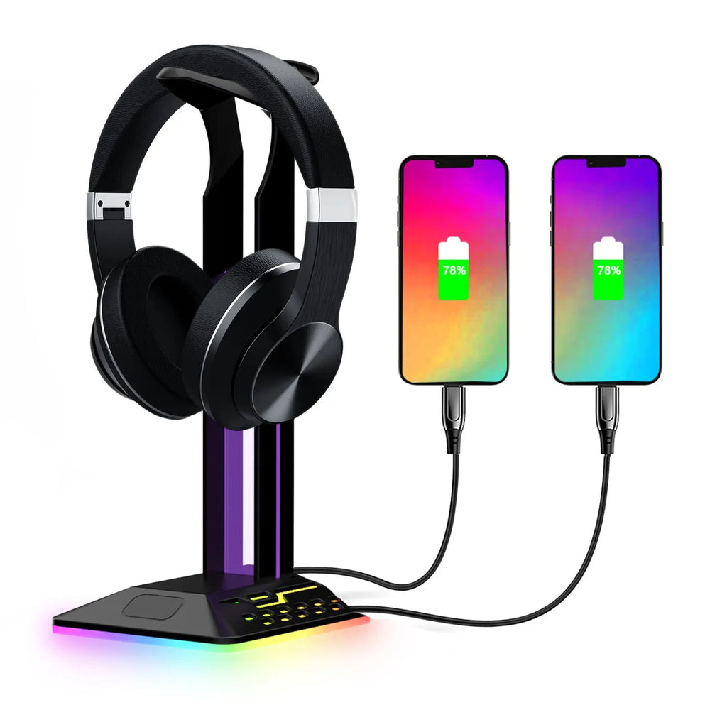 RGB colour changing headphone stand with dual USB hub showing black acrylic variant