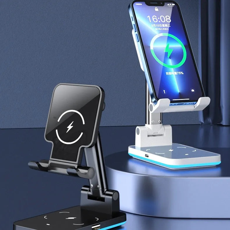 Black desktop wireless charging phone holder stand on a wooden desk