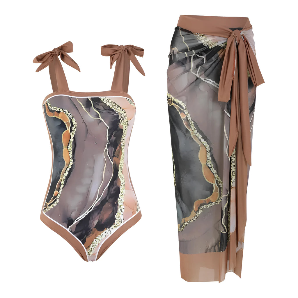 Floral print one-piece swimsuit with mesh tube top and detachable skirt in brown colour