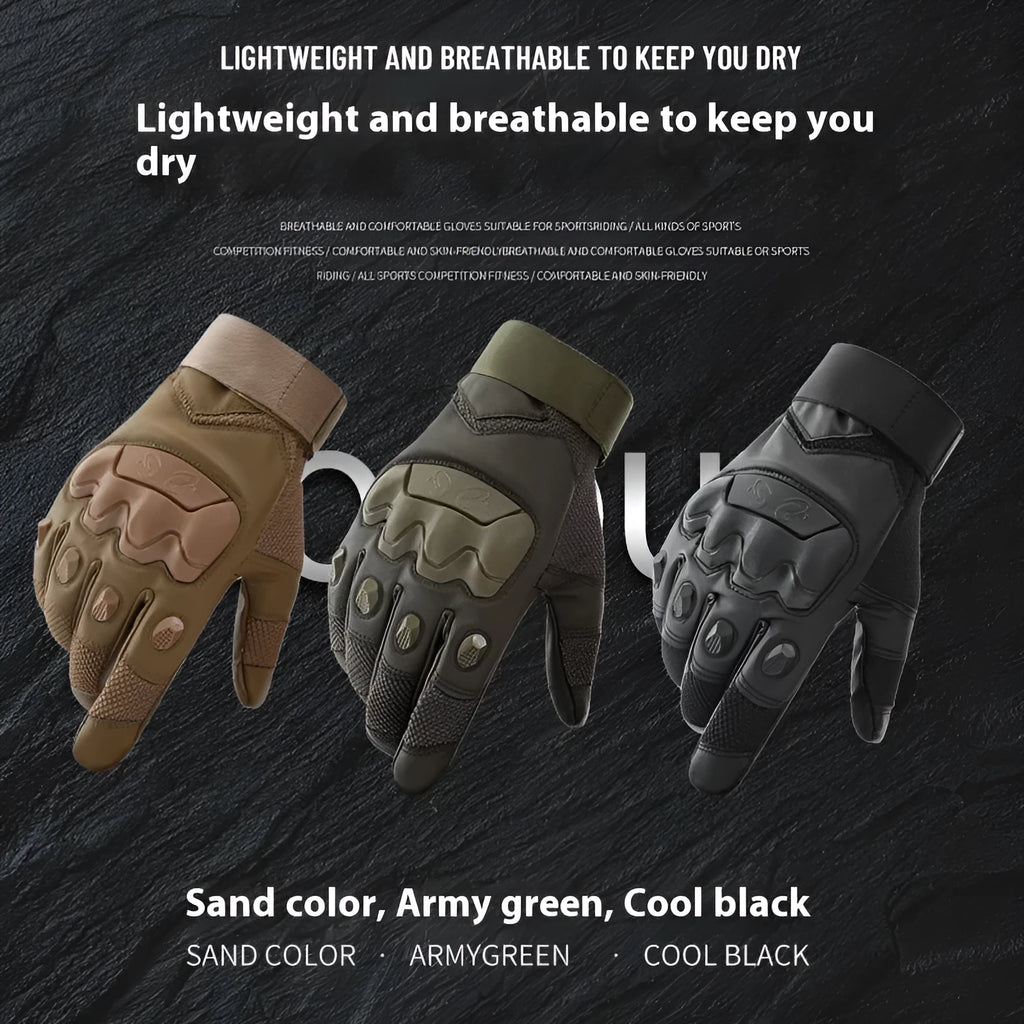 Men's tactical gloves in black, green, and yellow colours showing full finger design with touch screen compatible fingertips