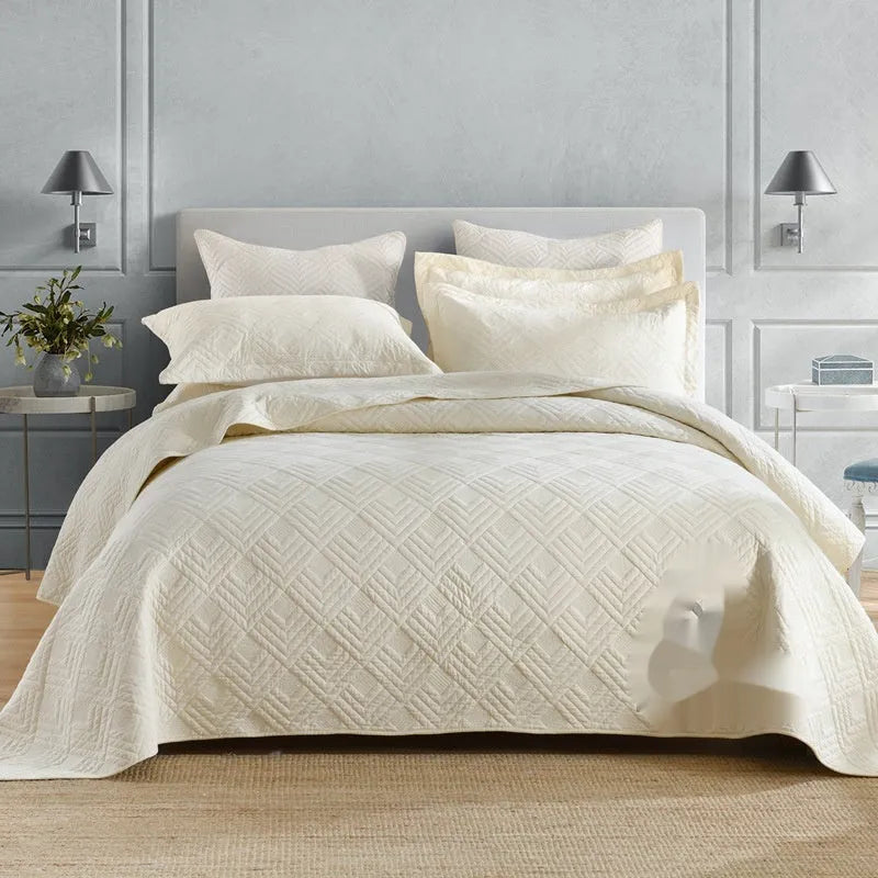 Pure cotton bed cover three-piece set in solid colours with embroidery detail for standard double beds
