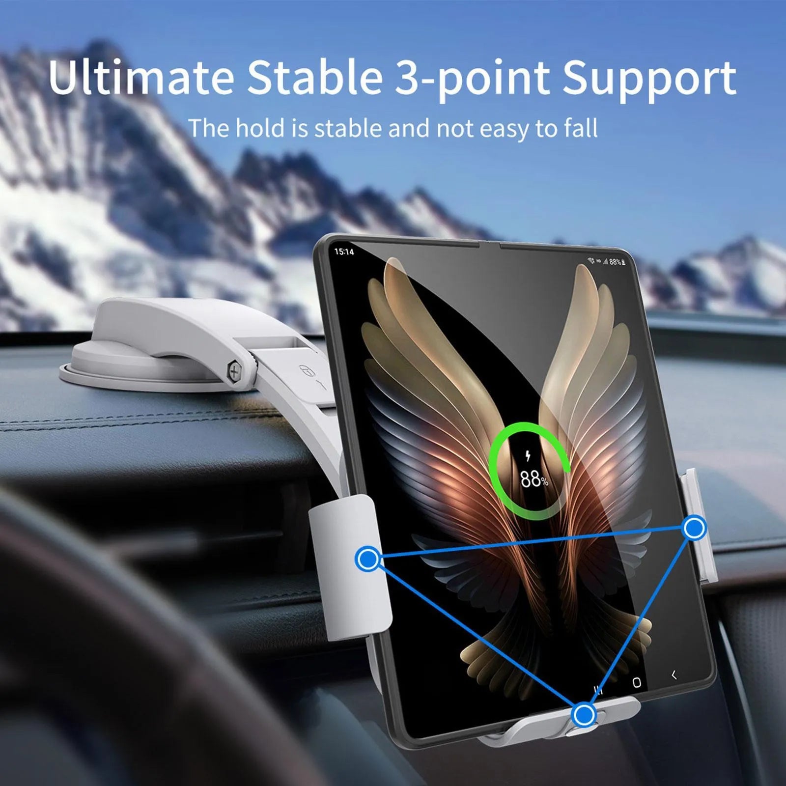 Grey and white folding screen wireless charging mobile phone holder with car air vent clip and suction cup mount.