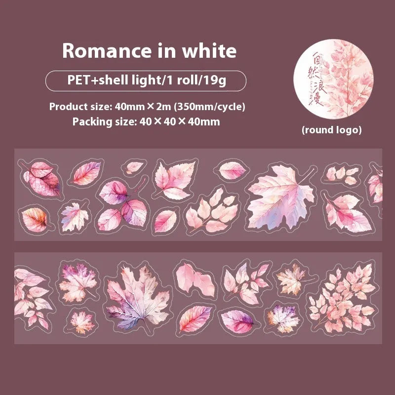 Six rolls of nature-themed decorative stickers showing gentle ginkgo, maple leaf, and blue fallen leaves colour variations