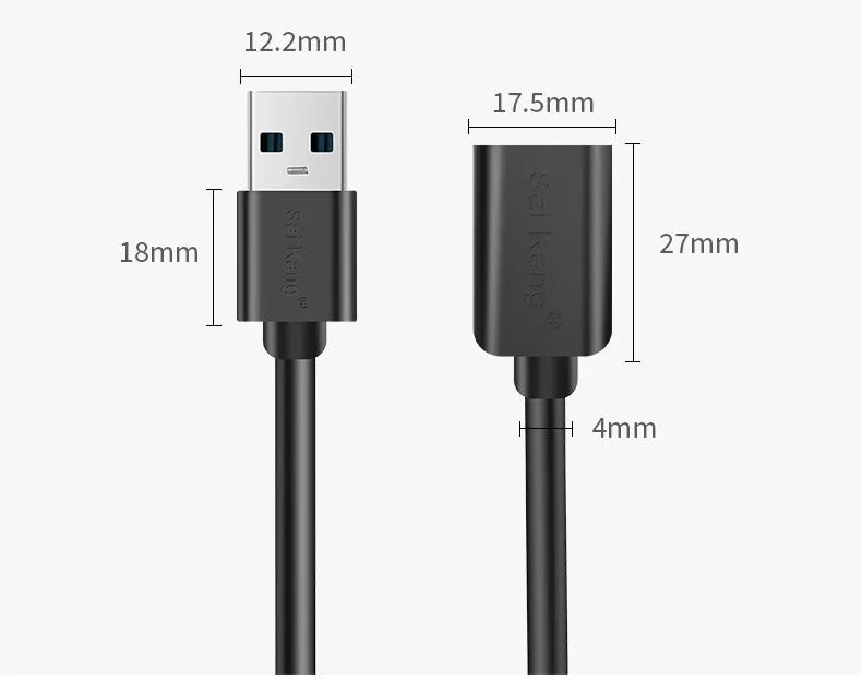 USB 3.0 and USB 2.0 male-to-female extension cable with black PVC sheathing showing connector details