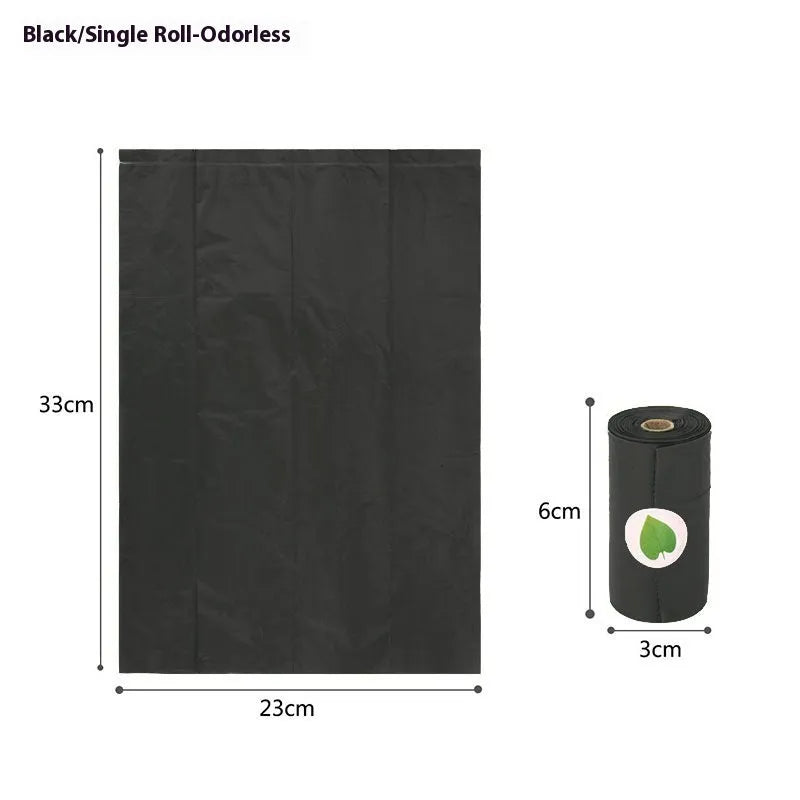 Roll of green EPI degradable pet garbage bags next to a boxed set with a dispenser.