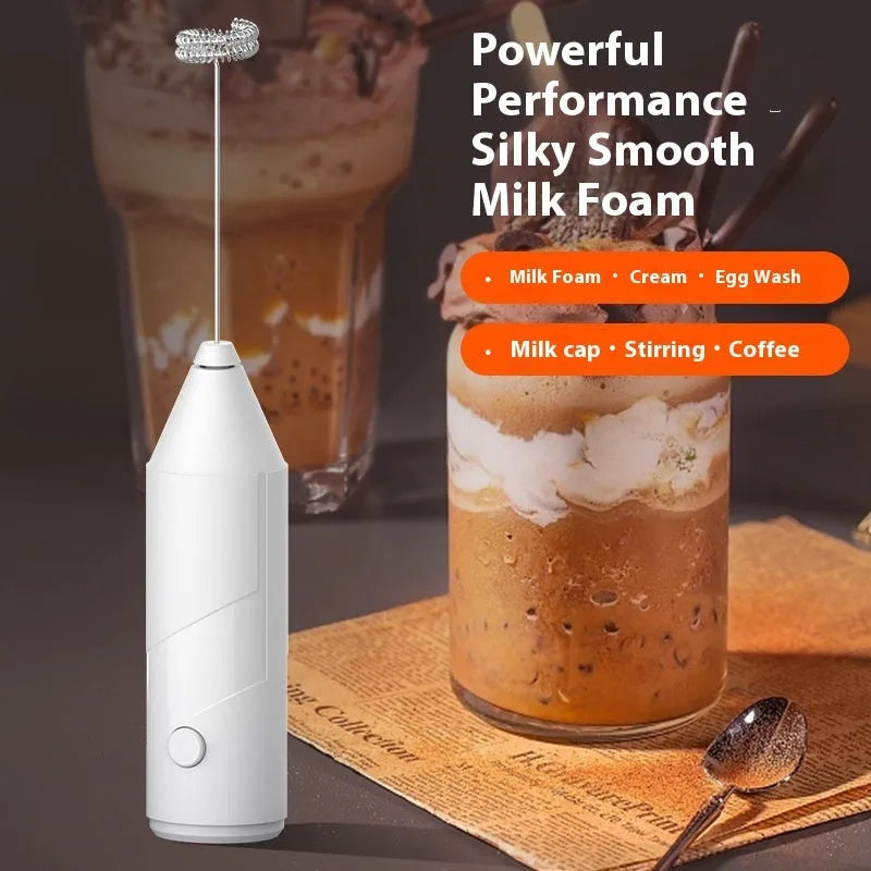 Mini handheld electric milk frother in black, white, or khaki with USB charging port