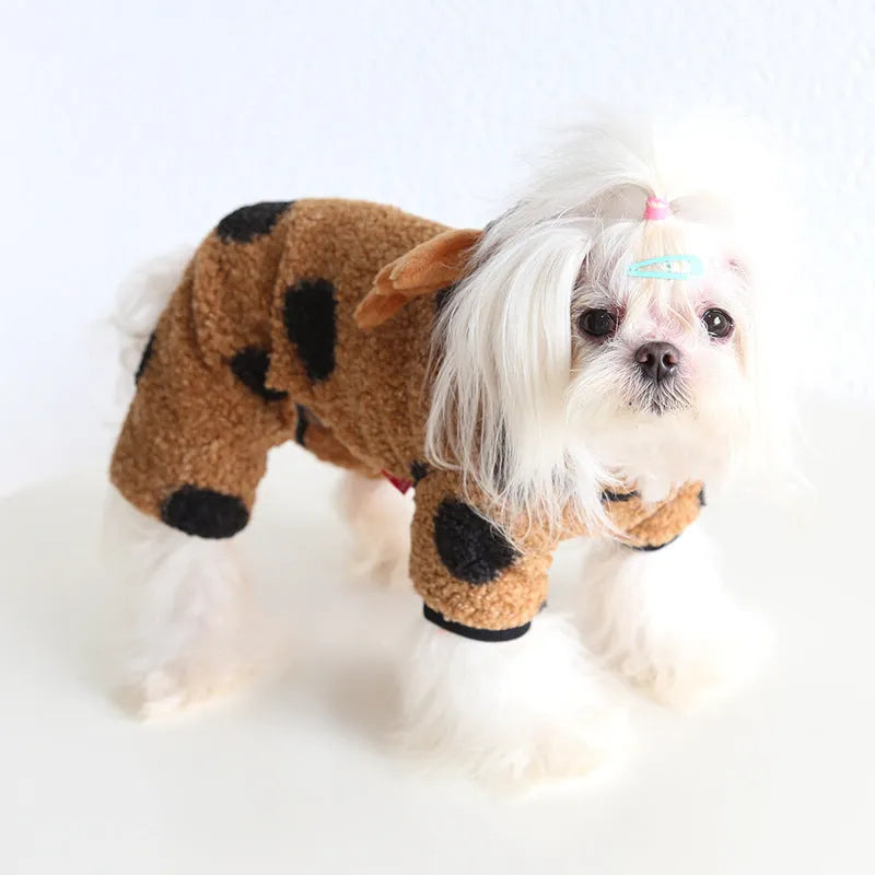Polka dot pattern pet clothing with elk couple motif in four-legs or skirt style options