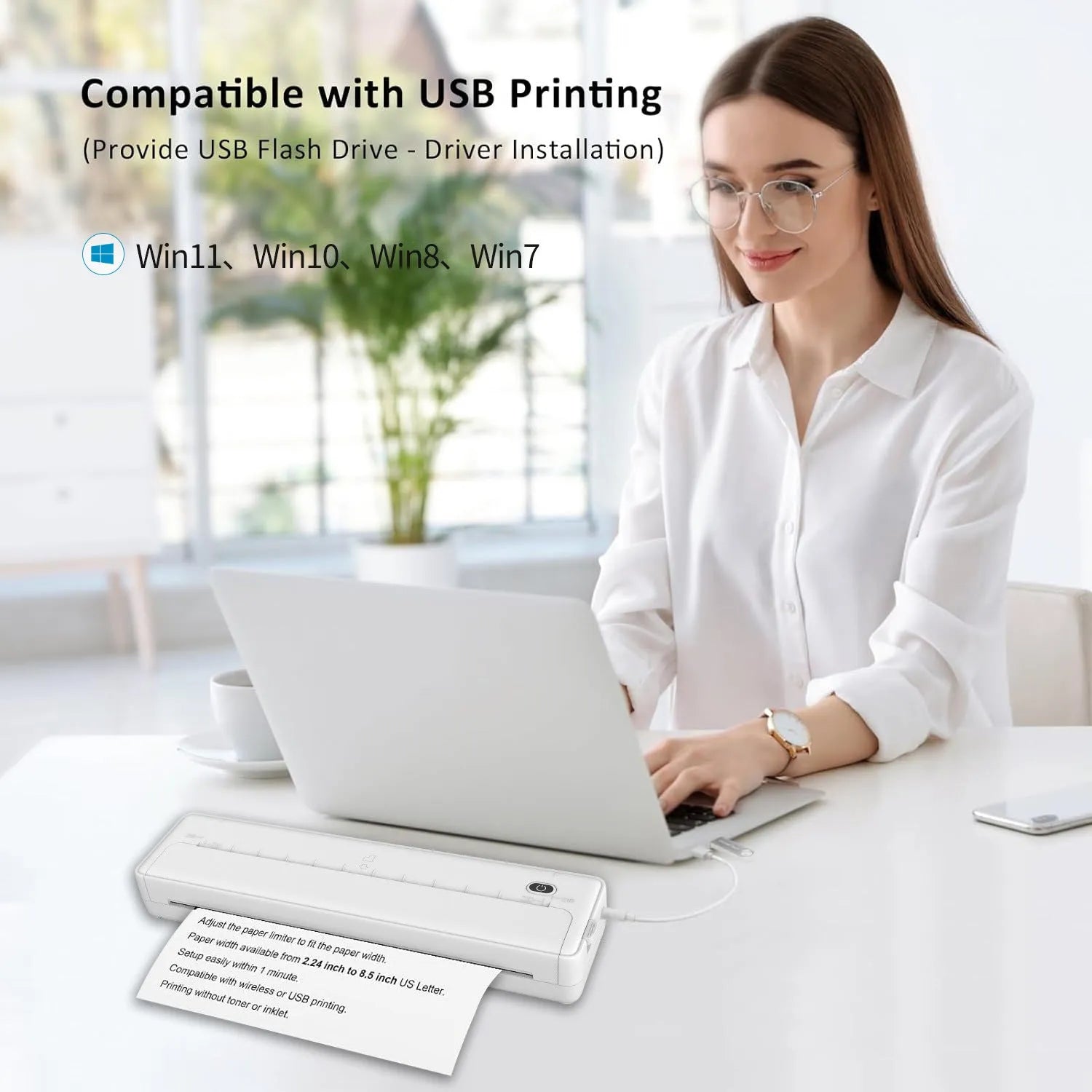 A4 Bluetooth thermal printer in black or white with compact 28x7x5cm dimensions for wireless mobile printing