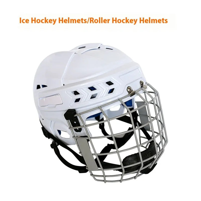 Ice hockey helmet with carbon steel face mask in multiple sizes for head protection