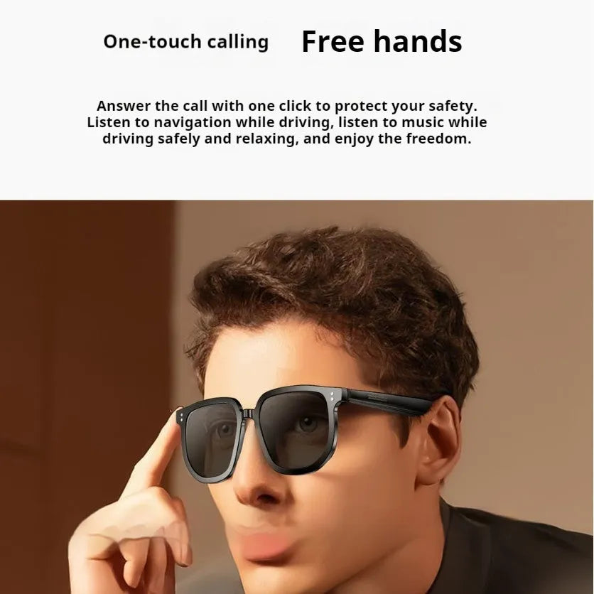 Black AI smart Bluetooth sunglasses with touch controls on frame for wireless audio and calls