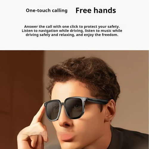 Black AI smart Bluetooth sunglasses with touch controls on frame for wireless audio and calls