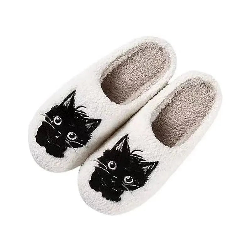 White cartoon black beard cat couple plush cotton slippers with non-slip TPR soles for indoor wear
