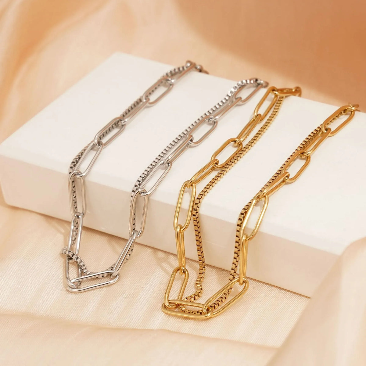 Double layer twin titanium steel women's bracelet with geometric line design in gold or silver finish