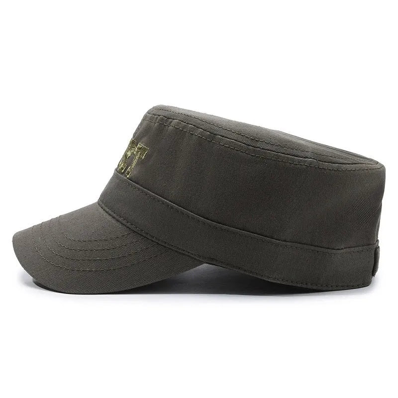 Cotton adjustable flat-top peaked cap for men in multiple colours with English letter detail.