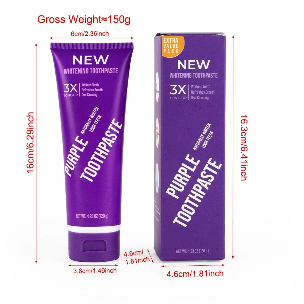 Purple whitening toothpaste tube in 120g and 65g sizes for stain removal and cavity protection