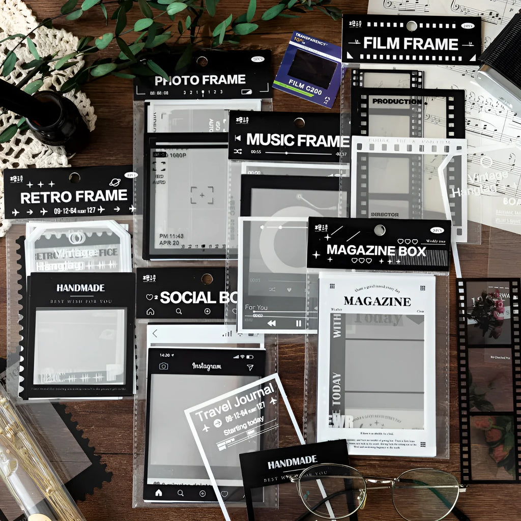 15 sheets of Frame Series retro decorative stickers with photography, film, magazine, music, social, and retro frame designs.