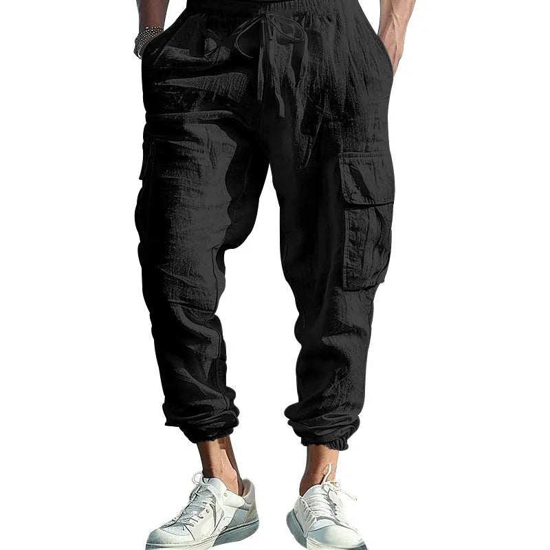 Men's ankle-tied casual trousers in linen fabric with multi-pocket design and drawstring waist