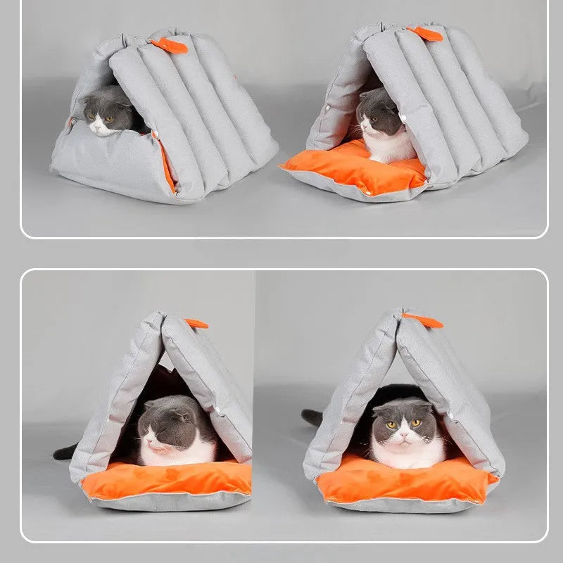 Blue triangular cat bed with drilled holes for modular combination and removable cotton cover