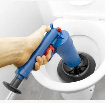 Black and yellow plastic manual drain blaster gun with handle and four different sized suction cup adaptors.