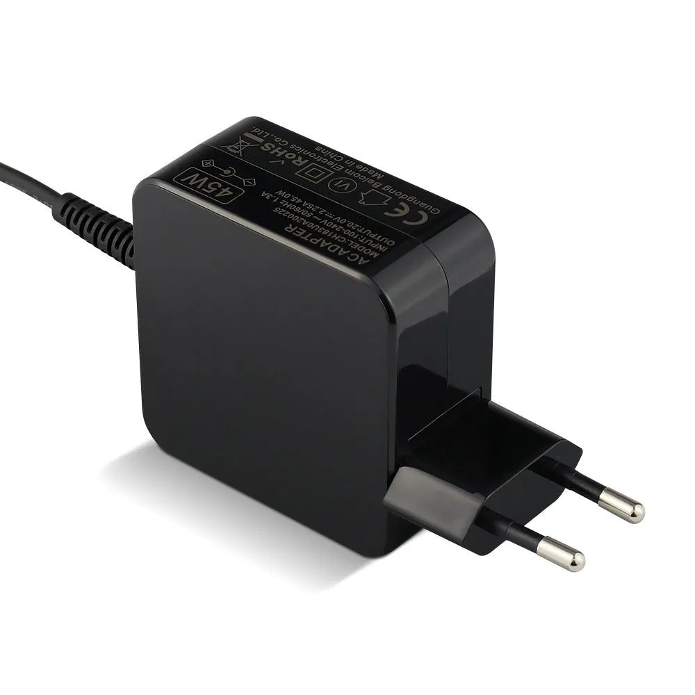 Black 45W laptop power adapter with US and EU plug options showing compact dimensions
