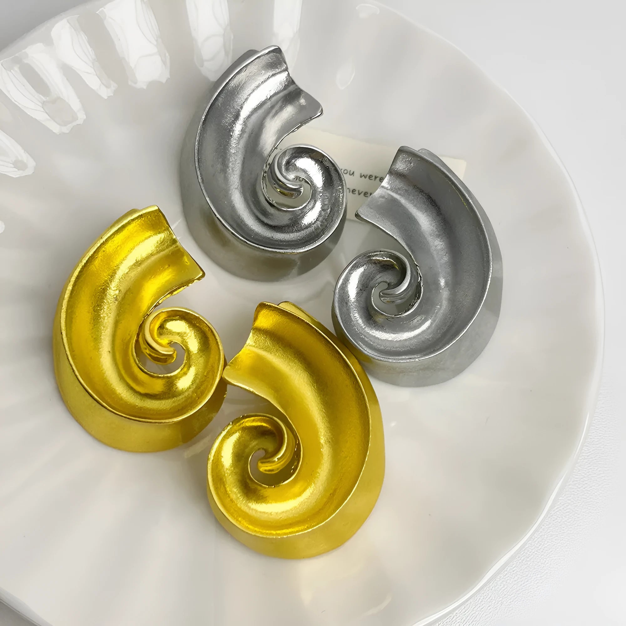 Gold geometric retro ear studs with 5cm drop length, alloy construction with electroplated finish.